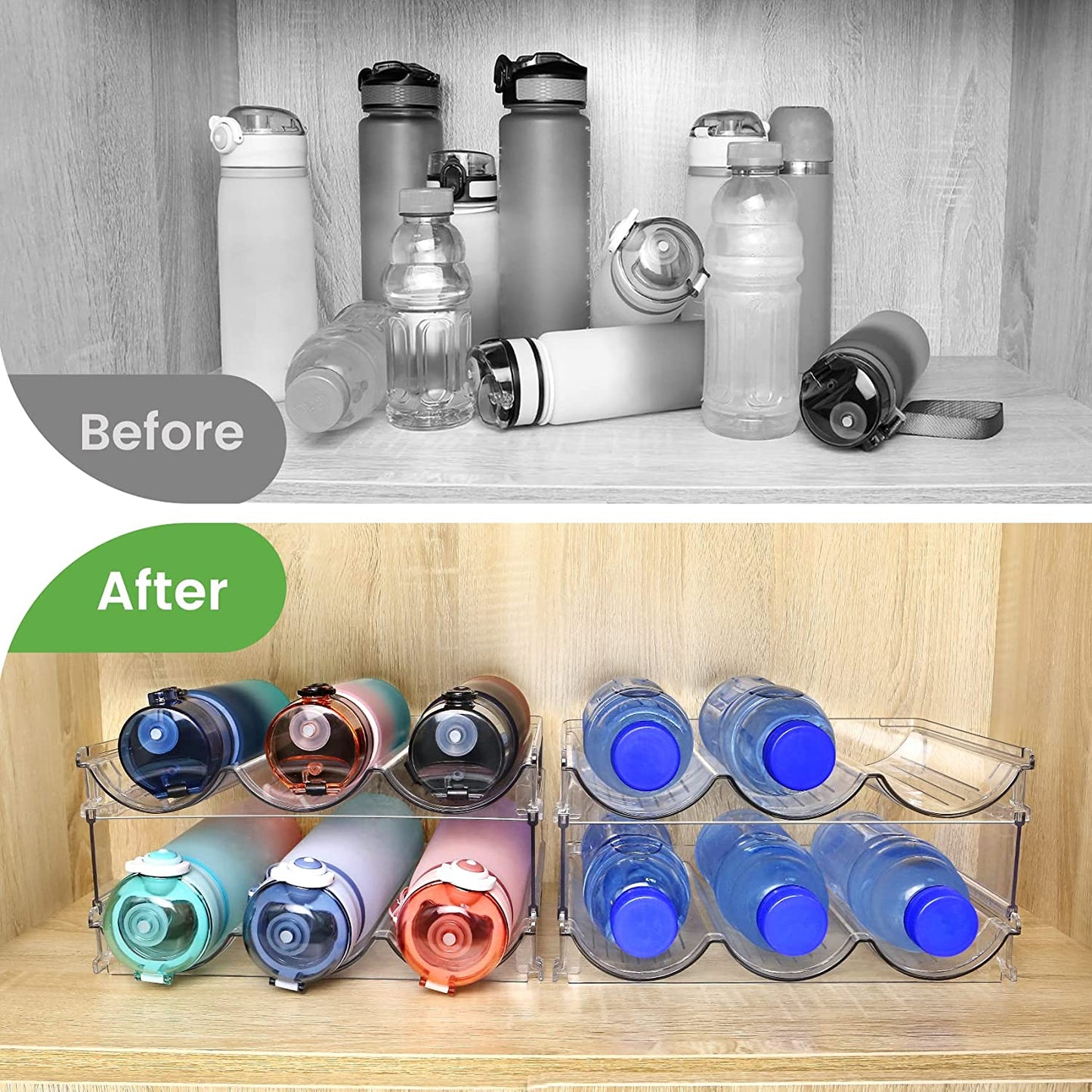 Water Bottle Storage Organizer Set - Stackable Cabinet Racks for Efficient Water Bottle Organization (2 Packs)
